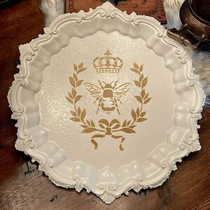 Shabby Chic Large Elegant White Platter with Bumble Bee Design